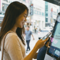 Photographie montrant une jeune femme asiatique souriante dans une rue urbaine en Corée du Sud. Elle se tient devant un terminal de paiement électronique dont l'écran affiche "TRANSACTION CONFIRMED" et une icône de visage, indiquant une validation réussie par une technologie de biométrie faciale. D'autres passants et des enseignes en hangul sont visibles en arrière-plan.