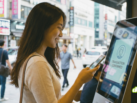 Photographie montrant une jeune femme asiatique souriante dans une rue urbaine en Corée du Sud. Elle se tient devant un terminal de paiement électronique dont l'écran affiche "TRANSACTION CONFIRMED" et une icône de visage, indiquant une validation réussie par une technologie de biométrie faciale. D'autres passants et des enseignes en hangul sont visibles en arrière-plan.