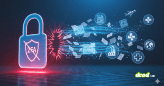 Illustration 3D d'un cadenas de cybersécurité ouvert avec un bouclier 2FA barré, laissant s'échapper un flux de documents confidentiels et d'icônes (avion, usine, santé) sur un fond bleu technologique.
