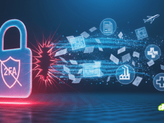Illustration 3D d'un cadenas de cybersécurité ouvert avec un bouclier 2FA barré, laissant s'échapper un flux de documents confidentiels et d'icônes (avion, usine, santé) sur un fond bleu technologique.