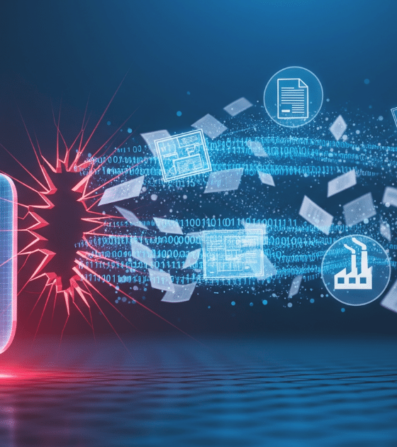 Illustration 3D d'un cadenas de cybersécurité ouvert avec un bouclier 2FA barré, laissant s'échapper un flux de documents confidentiels et d'icônes (avion, usine, santé) sur un fond bleu technologique.