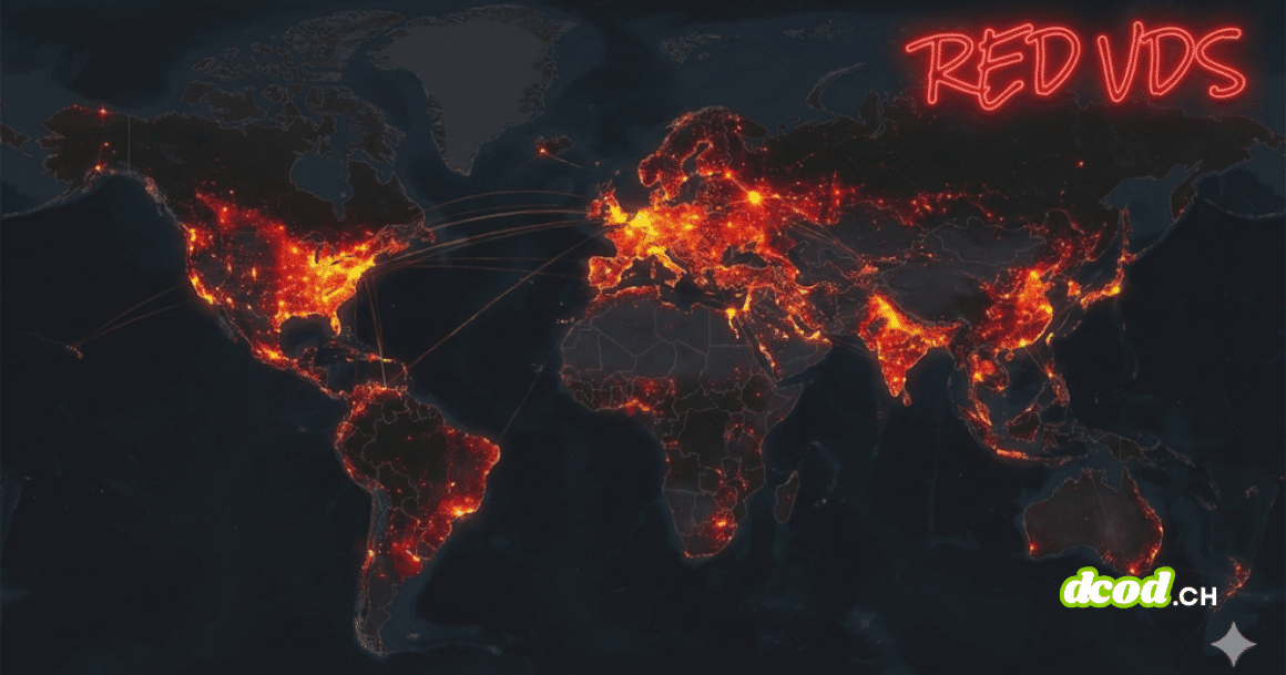 Carte du monde sombre avec des zones rouges lumineuses indiquant les cyberattaques de RedVDS, avec le logo rouge "RED VDS" en haut à droite.