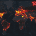 Carte du monde sombre avec des zones rouges lumineuses indiquant les cyberattaques de RedVDS, avec le logo rouge "RED VDS" en haut à droite.