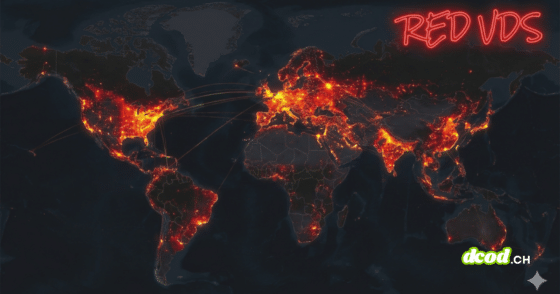 Carte du monde sombre avec des zones rouges lumineuses indiquant les cyberattaques de RedVDS, avec le logo rouge "RED VDS" en haut à droite.