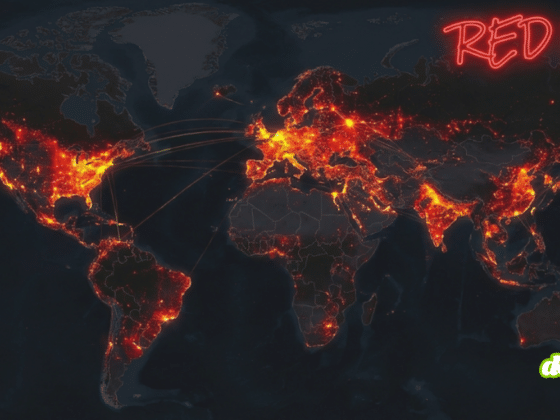 Carte du monde sombre avec des zones rouges lumineuses indiquant les cyberattaques de RedVDS, avec le logo rouge "RED VDS" en haut à droite.
