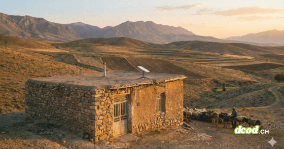 Une petite maison rurale en pierre et en terre dans un paysage vallonné iranien au coucher du soleil, équipée d'une antenne parabolique Starlink sur son toit plat, avec un berger et son troupeau à proximité.