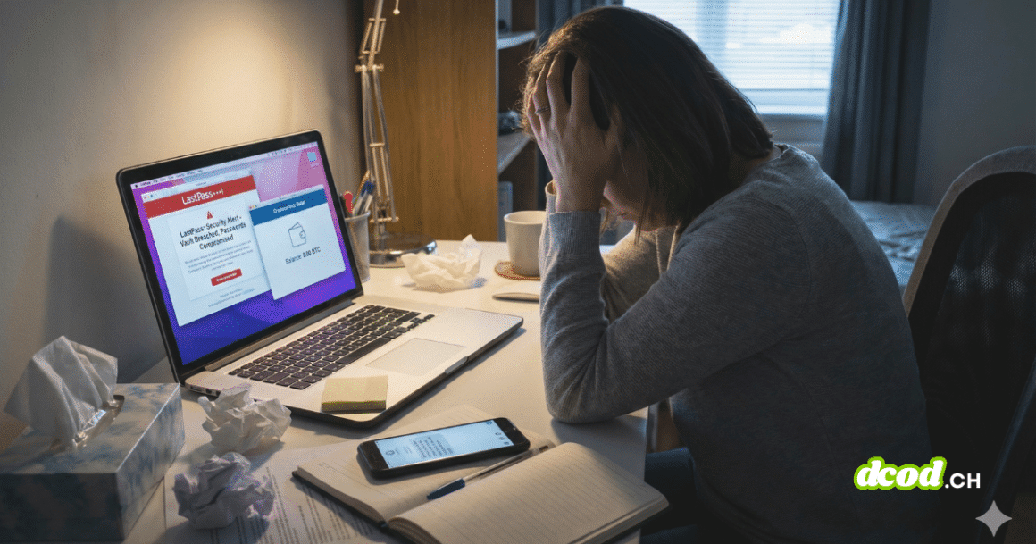 Une femme est assise à un bureau, la tête entre les mains en signe de désespoir. Devant elle, un ordinateur portable affiche une alerte de sécurité de LastPass indiquant "Your Vault Has Been Breached" et "Passwords Compromised", ainsi qu'un portefeuille de cryptomonnaies vide ("Balance: 0.00 BTC"). Le bureau est encombré de mouchoirs, de notes manuscrites et d'un téléphone affichant un message de phishing. La scène est faiblement éclairée, reflétant la détresse de la victime.