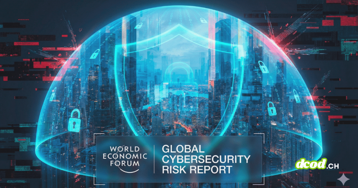 Image montrant la couverture d'un rapport du "World Economic Forum" intitulé "GLOBAL CYBERSECURITY RISK REPORT". Une ville urbaine illuminée est protégée par un grand bouclier numérique et des cadenas bleus, avec des motifs de glitch rouges et sombres représentant des cybermenaces en arrière-plan. Le logo du WEF est en bas à gauche.