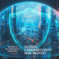 Image montrant la couverture d'un rapport du "World Economic Forum" intitulé "GLOBAL CYBERSECURITY RISK REPORT". Une ville urbaine illuminée est protégée par un grand bouclier numérique et des cadenas bleus, avec des motifs de glitch rouges et sombres représentant des cybermenaces en arrière-plan. Le logo du WEF est en bas à gauche.