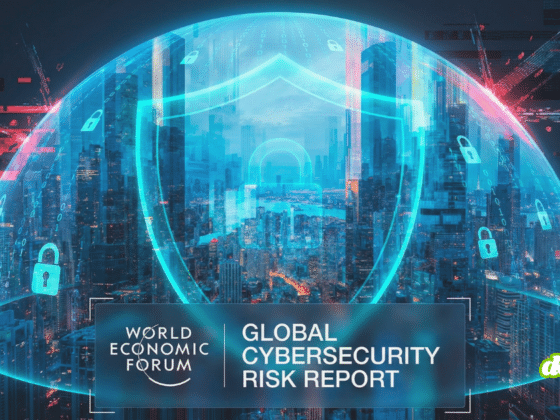 Image montrant la couverture d'un rapport du "World Economic Forum" intitulé "GLOBAL CYBERSECURITY RISK REPORT". Une ville urbaine illuminée est protégée par un grand bouclier numérique et des cadenas bleus, avec des motifs de glitch rouges et sombres représentant des cybermenaces en arrière-plan. Le logo du WEF est en bas à gauche.