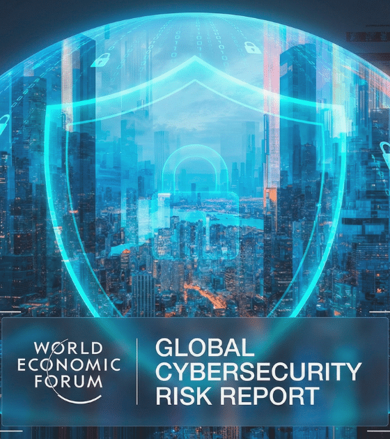 Image montrant la couverture d'un rapport du "World Economic Forum" intitulé "GLOBAL CYBERSECURITY RISK REPORT". Une ville urbaine illuminée est protégée par un grand bouclier numérique et des cadenas bleus, avec des motifs de glitch rouges et sombres représentant des cybermenaces en arrière-plan. Le logo du WEF est en bas à gauche.