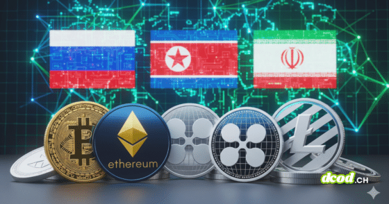 Illustration numérique 16/9 montrant des pièces de cryptomonnaies au premier plan, sur fond de carte cybernétique affichant les drapeaux de la Russie, de la Corée du Nord et de l'Iran, symbolisant l'alliance de ces États dans le contournement des sanctions via la blockchain.