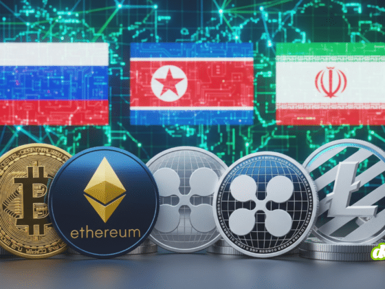 Illustration numérique 16/9 montrant des pièces de cryptomonnaies au premier plan, sur fond de carte cybernétique affichant les drapeaux de la Russie, de la Corée du Nord et de l'Iran, symbolisant l'alliance de ces États dans le contournement des sanctions via la blockchain.