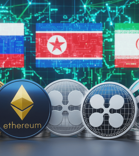 Illustration numérique 16/9 montrant des pièces de cryptomonnaies au premier plan, sur fond de carte cybernétique affichant les drapeaux de la Russie, de la Corée du Nord et de l'Iran, symbolisant l'alliance de ces États dans le contournement des sanctions via la blockchain.