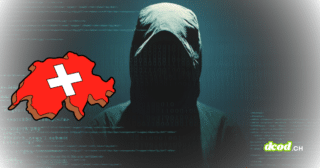 Silhouette encapuchonnée d'un hacker devant des lignes de code numériques, avec une carte de la Suisse marquée d’une croix blanche en surimpression.