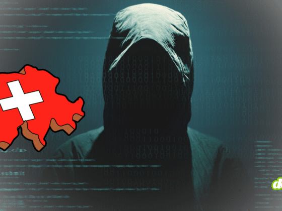 Silhouette encapuchonnée d'un hacker devant des lignes de code numériques, avec une carte de la Suisse marquée d’une croix blanche en surimpression.
