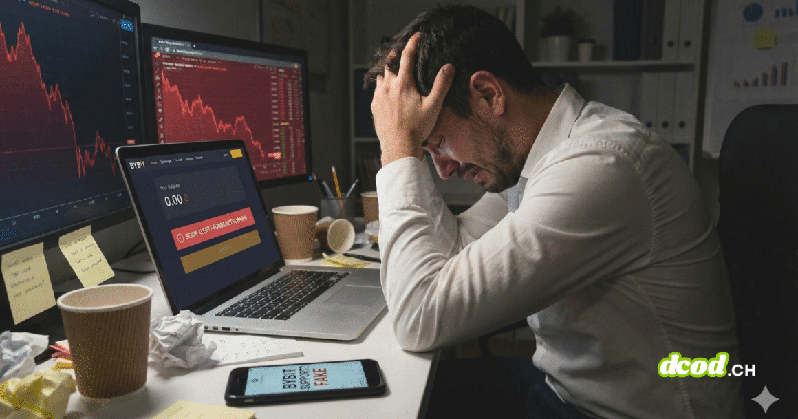 Un homme est assis à un bureau faiblement éclairé, la tête enfouie dans ses mains en signe de profond désespoir. Devant lui, un ordinateur portable affiche l'interface de la plateforme de cryptomonnaies Bybit, montrant un solde de 0.00 et une alerte de sécurité rouge. D'autres écrans en arrière-plan affichent des graphiques boursiers en forte baisse, illustrant les conséquences d'une fraude financière.