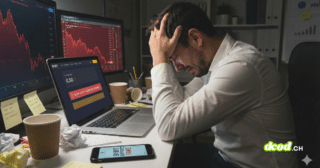 Un homme est assis à un bureau faiblement éclairé, la tête enfouie dans ses mains en signe de profond désespoir. Devant lui, un ordinateur portable affiche l'interface de la plateforme de cryptomonnaies Bybit, montrant un solde de 0.00 et une alerte de sécurité rouge. D'autres écrans en arrière-plan affichent des graphiques boursiers en forte baisse, illustrant les conséquences d'une fraude financière.