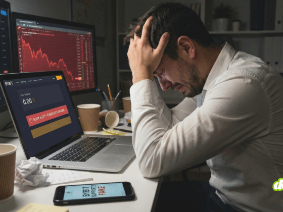 Un homme est assis à un bureau faiblement éclairé, la tête enfouie dans ses mains en signe de profond désespoir. Devant lui, un ordinateur portable affiche l'interface de la plateforme de cryptomonnaies Bybit, montrant un solde de 0.00 et une alerte de sécurité rouge. D'autres écrans en arrière-plan affichent des graphiques boursiers en forte baisse, illustrant les conséquences d'une fraude financière.
