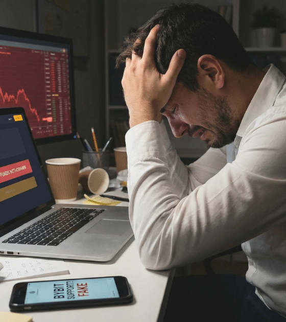 Un homme est assis à un bureau faiblement éclairé, la tête enfouie dans ses mains en signe de profond désespoir. Devant lui, un ordinateur portable affiche l'interface de la plateforme de cryptomonnaies Bybit, montrant un solde de 0.00 et une alerte de sécurité rouge. D'autres écrans en arrière-plan affichent des graphiques boursiers en forte baisse, illustrant les conséquences d'une fraude financière.