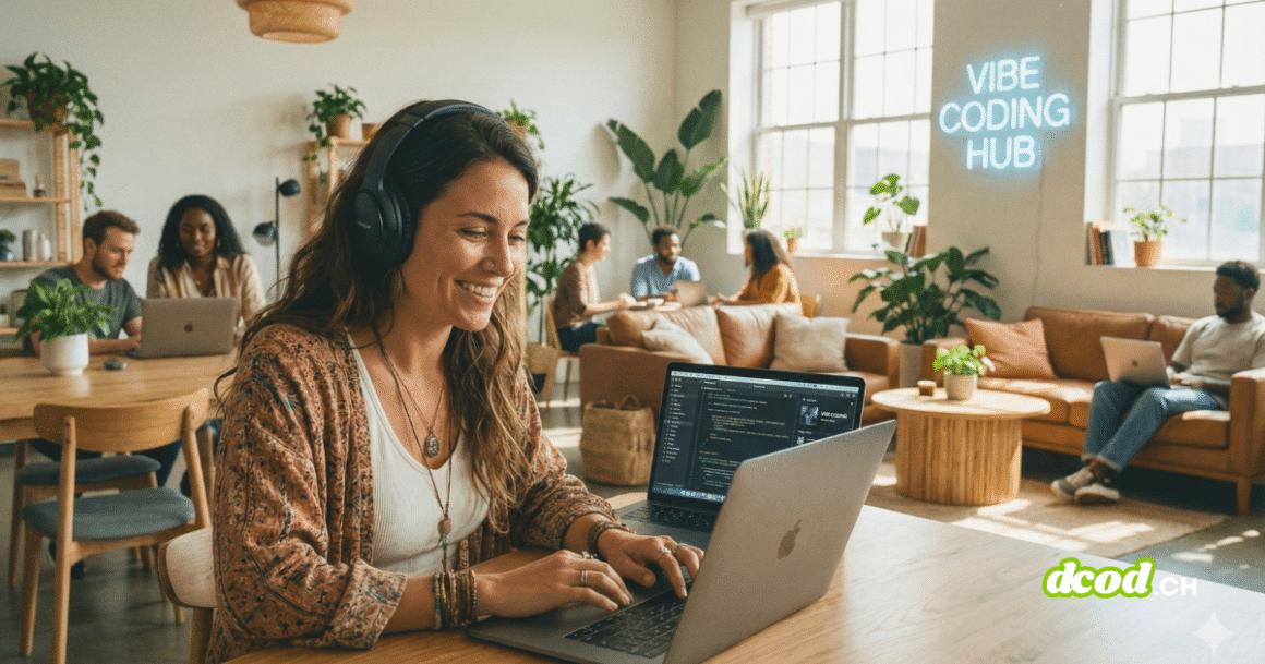 Photographie lumineuse d'une femme développeuse souriante, portant un casque audio, travaillant sur son ordinateur portable MacBook dans un espace de coworking bohème et animé. Elle est assise à une table en bois. L'arrière-plan, rempli de plantes vertes, montre d'autres personnes en train de collaborer et une enseigne néon bleue accrochée au mur indiquant "VIBE CODING HUB".