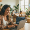 Photographie lumineuse d'une femme développeuse souriante, portant un casque audio, travaillant sur son ordinateur portable MacBook dans un espace de coworking bohème et animé. Elle est assise à une table en bois. L'arrière-plan, rempli de plantes vertes, montre d'autres personnes en train de collaborer et une enseigne néon bleue accrochée au mur indiquant "VIBE CODING HUB".