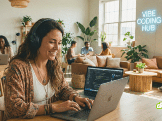 Photographie lumineuse d'une femme développeuse souriante, portant un casque audio, travaillant sur son ordinateur portable MacBook dans un espace de coworking bohème et animé. Elle est assise à une table en bois. L'arrière-plan, rempli de plantes vertes, montre d'autres personnes en train de collaborer et une enseigne néon bleue accrochée au mur indiquant "VIBE CODING HUB".