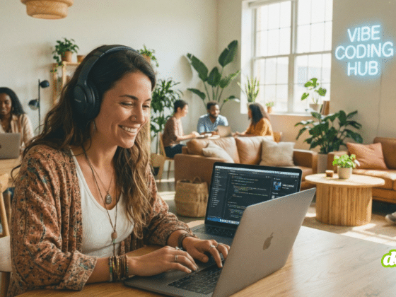 Photographie lumineuse d'une femme développeuse souriante, portant un casque audio, travaillant sur son ordinateur portable MacBook dans un espace de coworking bohème et animé. Elle est assise à une table en bois. L'arrière-plan, rempli de plantes vertes, montre d'autres personnes en train de collaborer et une enseigne néon bleue accrochée au mur indiquant "VIBE CODING HUB".