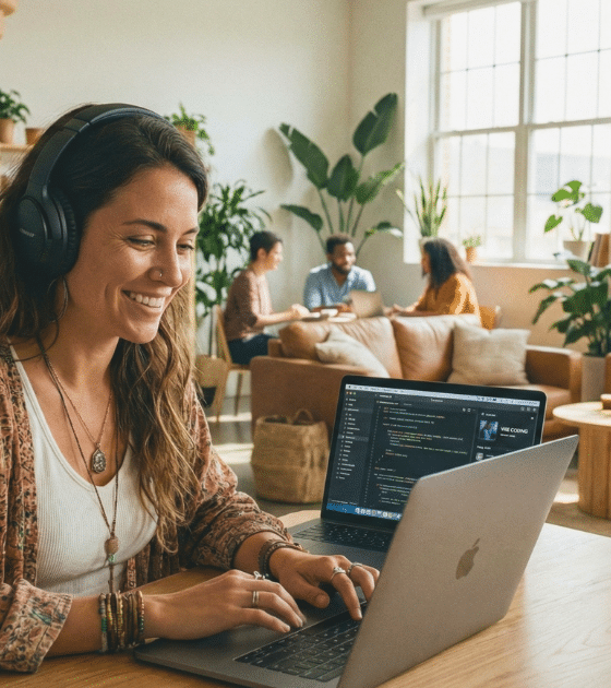 Photographie lumineuse d'une femme développeuse souriante, portant un casque audio, travaillant sur son ordinateur portable MacBook dans un espace de coworking bohème et animé. Elle est assise à une table en bois. L'arrière-plan, rempli de plantes vertes, montre d'autres personnes en train de collaborer et une enseigne néon bleue accrochée au mur indiquant "VIBE CODING HUB".