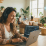 Photographie lumineuse d'une femme développeuse souriante, portant un casque audio, travaillant sur son ordinateur portable MacBook dans un espace de coworking bohème et animé. Elle est assise à une table en bois. L'arrière-plan, rempli de plantes vertes, montre d'autres personnes en train de collaborer et une enseigne néon bleue accrochée au mur indiquant "VIBE CODING HUB".