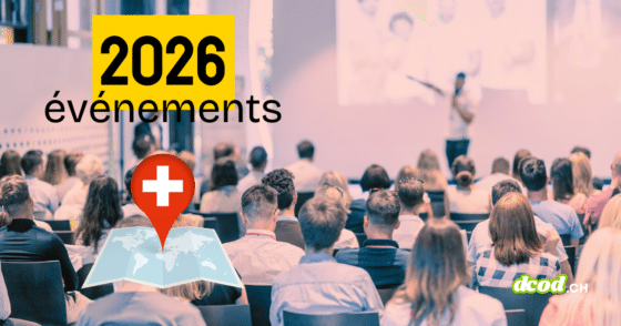 Image promotionnelle pour les événements cybersécurité 2026 en Suisse, montrant une salle de conférence bondée devant un orateur. Un macaron jaune affiche "2026 événements" et une épingle de localisation avec la croix suisse est posée sur une carte du monde.