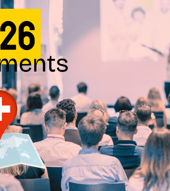 Image promotionnelle pour les événements cybersécurité 2026 en Suisse, montrant une salle de conférence bondée devant un orateur. Un macaron jaune affiche "2026 événements" et une épingle de localisation avec la croix suisse est posée sur une carte du monde.