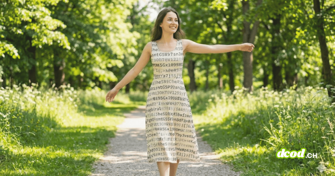 Une femme souriante aux bras écartés marche sur un chemin ensoleillé dans un parc verdoyant, portant une robe imprimée de chaînes de caractères ressemblant à des mots de passe.