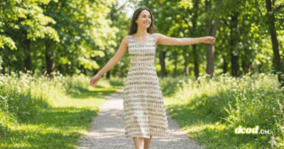 Une femme souriante aux bras écartés marche sur un chemin ensoleillé dans un parc verdoyant, portant une robe imprimée de chaînes de caractères ressemblant à des mots de passe.