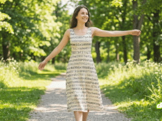 Une femme souriante aux bras écartés marche sur un chemin ensoleillé dans un parc verdoyant, portant une robe imprimée de chaînes de caractères ressemblant à des mots de passe.