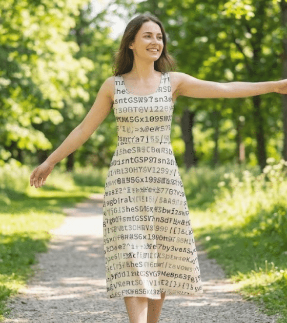 Une femme souriante aux bras écartés marche sur un chemin ensoleillé dans un parc verdoyant, portant une robe imprimée de chaînes de caractères ressemblant à des mots de passe.
