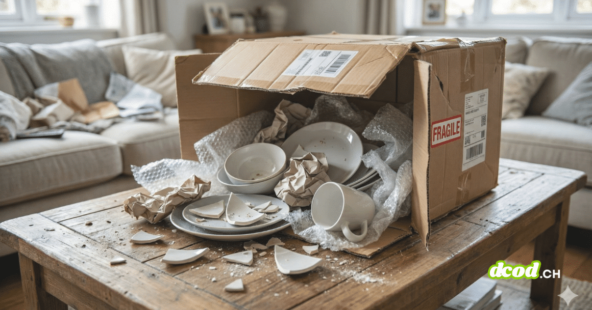 Vue rapprochée d'un carton d'expédition endommagé ouvert sur une table basse. On y distingue clairement des assiettes et des tasses en morceaux, témoignant d'un défaut de protection ou d'une mauvaise manipulation durant la livraison