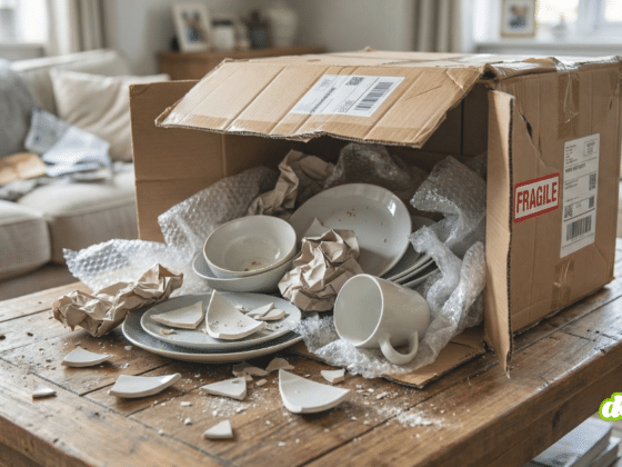 Vue rapprochée d'un carton d'expédition endommagé ouvert sur une table basse. On y distingue clairement des assiettes et des tasses en morceaux, témoignant d'un défaut de protection ou d'une mauvaise manipulation durant la livraison