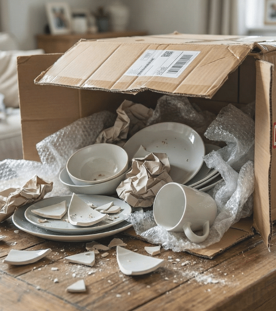 Vue rapprochée d'un carton d'expédition endommagé ouvert sur une table basse. On y distingue clairement des assiettes et des tasses en morceaux, témoignant d'un défaut de protection ou d'une mauvaise manipulation durant la livraison