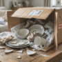 Vue rapprochée d'un carton d'expédition endommagé ouvert sur une table basse. On y distingue clairement des assiettes et des tasses en morceaux, témoignant d'un défaut de protection ou d'une mauvaise manipulation durant la livraison