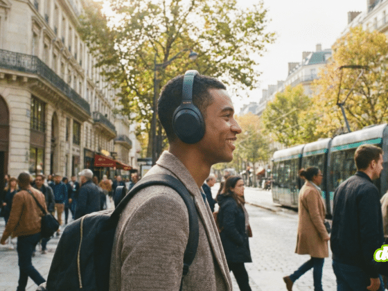 Un homme noir souriant porte des écouteurs Sony WH-1000XM4 et un sac à dos, marchant dans une rue parisienne animée avec un tramway.
