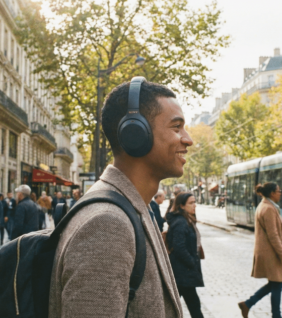 Un homme noir souriant porte des écouteurs Sony WH-1000XM4 et un sac à dos, marchant dans une rue parisienne animée avec un tramway.