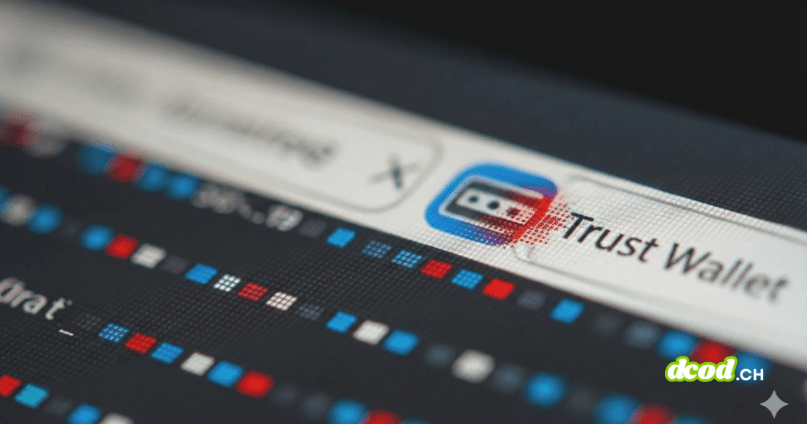 Gros plan sur l'icône de l'extension Trust Wallet dans la barre d'outils d'un navigateur, marquée par un effet de glitch rouge symbolisant l'infection par un logiciel malveillant.