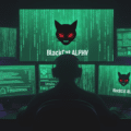 Silhouette d'un cybercriminel de dos face à plusieurs écrans affichant du code matriciel vert et le logo menaçant d'un chat noir aux yeux rouges, représentant le ransomware BlackCat ALPHV dans un environnement sombre.