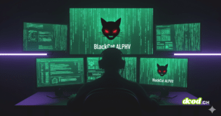 Silhouette d'un cybercriminel de dos face à plusieurs écrans affichant du code matriciel vert et le logo menaçant d'un chat noir aux yeux rouges, représentant le ransomware BlackCat ALPHV dans un environnement sombre.