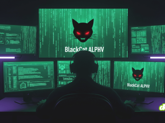 Silhouette d'un cybercriminel de dos face à plusieurs écrans affichant du code matriciel vert et le logo menaçant d'un chat noir aux yeux rouges, représentant le ransomware BlackCat ALPHV dans un environnement sombre.