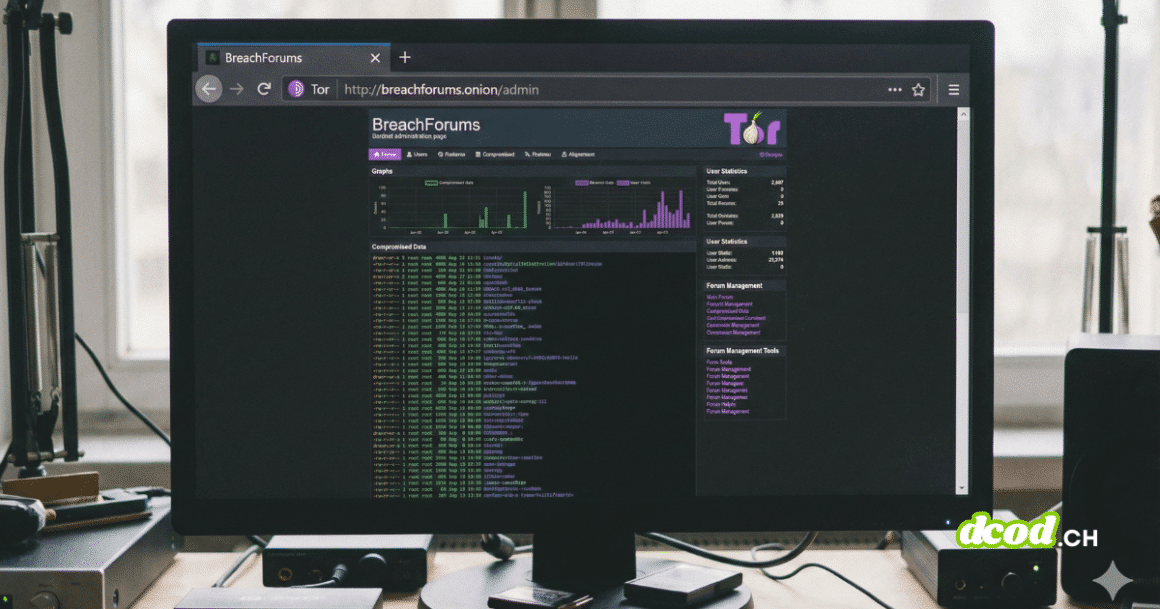Photographie d'un écran d'ordinateur affichant le navigateur Tor avec l'URL 'http://breachforums.onion/admin'. La page montre une interface d'administration du site du darknet BreachForums avec des statistiques et des outils de gestion.
