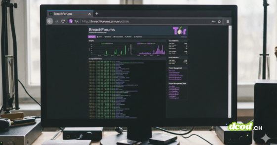 Photographie d'un écran d'ordinateur affichant le navigateur Tor avec l'URL 'http://breachforums.onion/admin'. La page montre une interface d'administration du site du darknet BreachForums avec des statistiques et des outils de gestion.