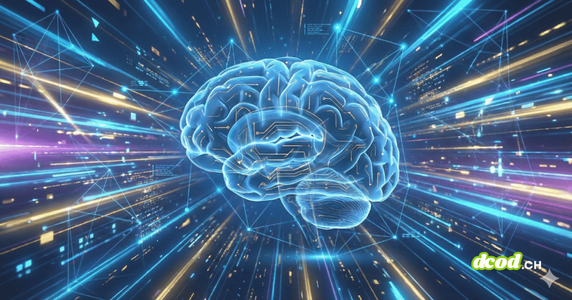 Illustration futuriste pour la veille IA : un cerveau numérique bleu translucide, parcouru de circuits dorés, est au centre d'un tunnel de lumière dynamique composé de flux de données rapides bleus, violets et or, symbolisant la vitesse du progrès technologique.