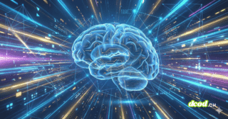 Illustration futuriste pour la veille IA : un cerveau numérique bleu translucide, parcouru de circuits dorés, est au centre d'un tunnel de lumière dynamique composé de flux de données rapides bleus, violets et or, symbolisant la vitesse du progrès technologique.